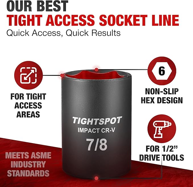 TIGHTSPOT 1/2 Inch Drive - 7/8 Inch Shallow Impact Socket with Anti-Rounding 6 Point Design, Heat-Treated CRV Steel