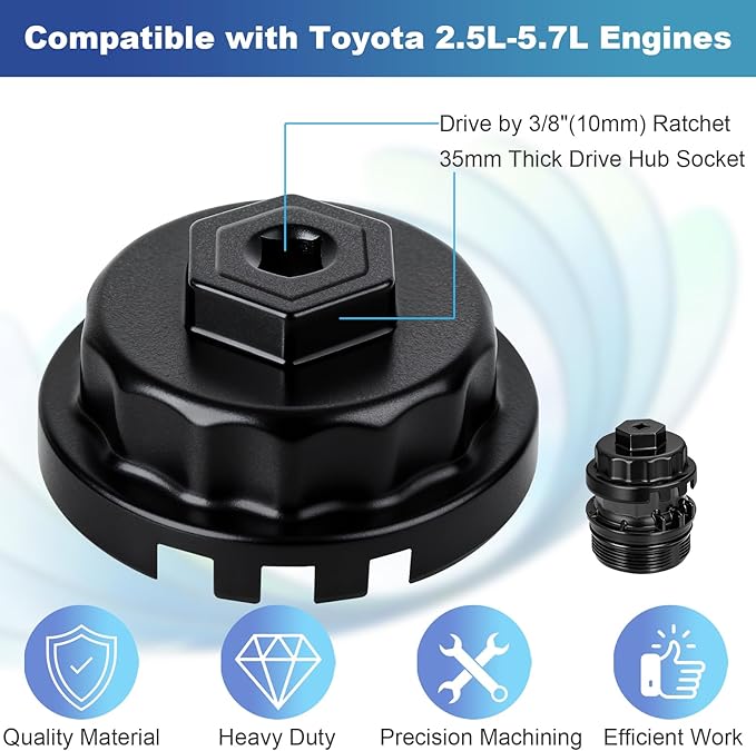Professional 64mm 14 Flute Oil Filter Wrench for Toyota, Heavy Duty Cap Style Oil Filter Removal Tool Socket for Lexus, Camry, 4 Runner, RAV4, Tundra, Tacoma, Highlander and Scion with 2.5-5.7L Engine