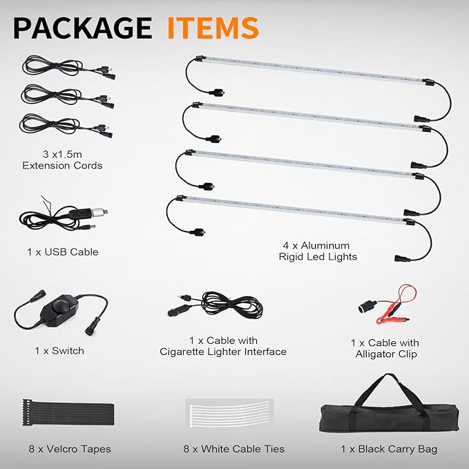 12V LED Interior Light Bar Kit Dimmable IP67 Waterproof Camping String Lights, Aluminum Magnetic Mount Exterior Lights,Portable Lighting for RV, Camping Tent Car Trailer Boat (4 Pack)