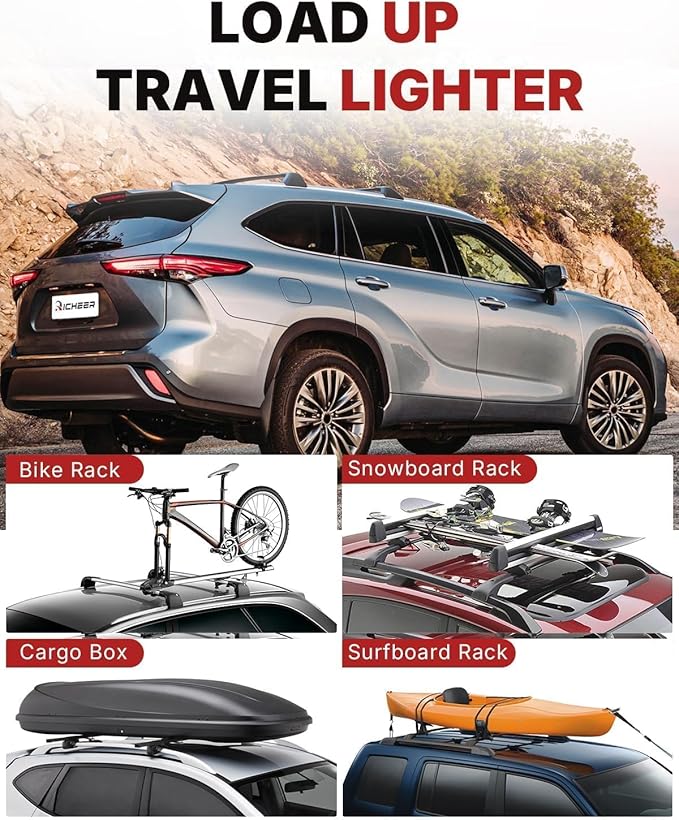 Richeer 300LBS Roof Rack Cross Bars for 2020-2026 Highlander XLE XSE Limited Platinum Hybrid with Side Rails, Lockable Heavy Duty Aluminum Cargo Racks Rooftop Luggage Canoe Kayak Bicycle
