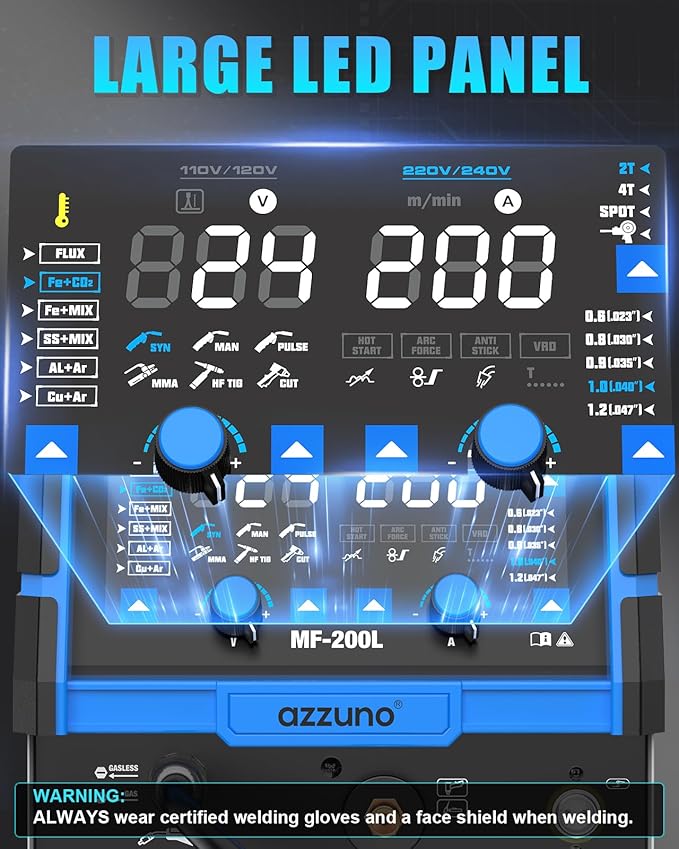 AZZUNO 200A Plasma Cutter Welder Combo, 9 in 1 Multiprocess Welder Machine Gas MIG/PULSE MIG/MAG/Flux Gasless MIG/Spool Gun Compatible/HF TIG/Stick/CUT/SPOT MIG, 110/220V Aluminum MIG Welding Machine