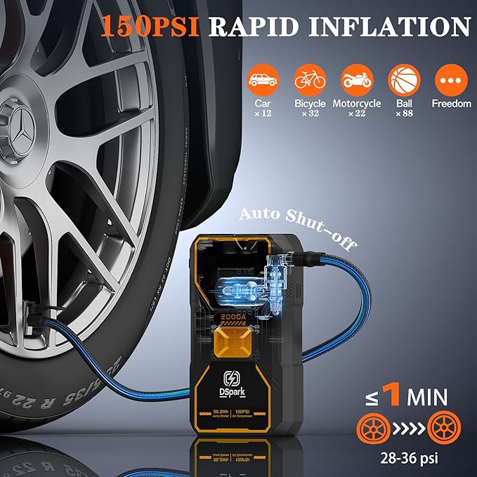 B31 2000A Jump Starter with 150PSI Air Compressor,Jump Starter Battery Pack for Up to 7.0L Gas and 6.5L Diesel Engines,12V Portable Jump with Quick Charge LED Flashlight Compact Storage Case