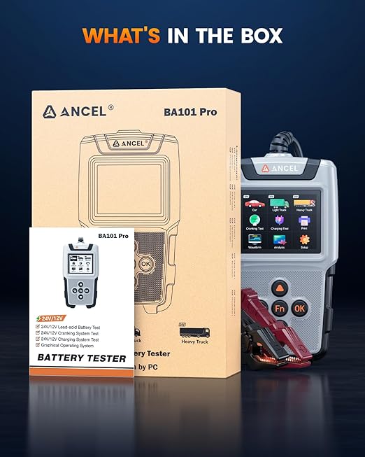 ANCEL BA101 Pro Car Battery Tester 24V 12V with Color Display, Cranking & Charging System Automotive Battery Load Analyzer for Car, Truck, SUV, RV, Boat, Heavy Duty Vehicles