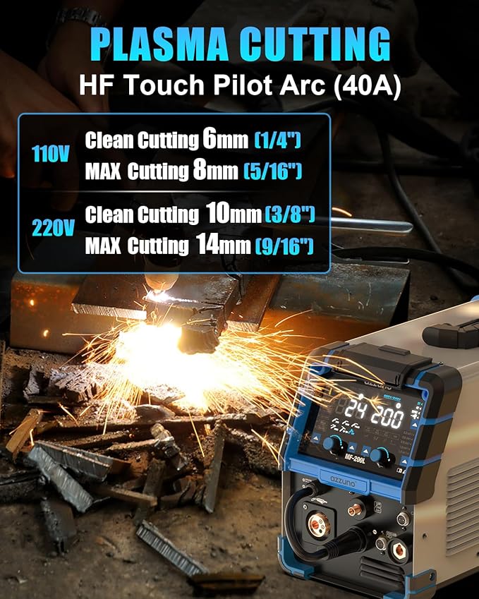 AZZUNO 200A Plasma Cutter Welder Combo, 9 in 1 Multiprocess Welder Machine Gas MIG/PULSE MIG/MAG/Flux Gasless MIG/Spool Gun Compatible/HF TIG/Stick/CUT/SPOT MIG, 110/220V Aluminum MIG Welding Machine