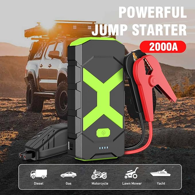 BOOKOO Jump Starter 2000A for Car/Boat/Lawnmower(8.0L Gas/6.5L Diesel Engine) Portable 12V Car Battery Jump Starter with Cables,Wall Charger,USB 3.0 Fast Charging,16V DC Output,3 LED Modes