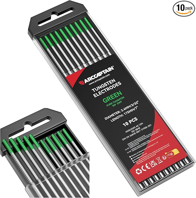 ARCCAPTAIN TIG Welding Tungsten Electrode 10-Pack 3/32"x 7"(Green - Pure Tungsten, WP, EWP)