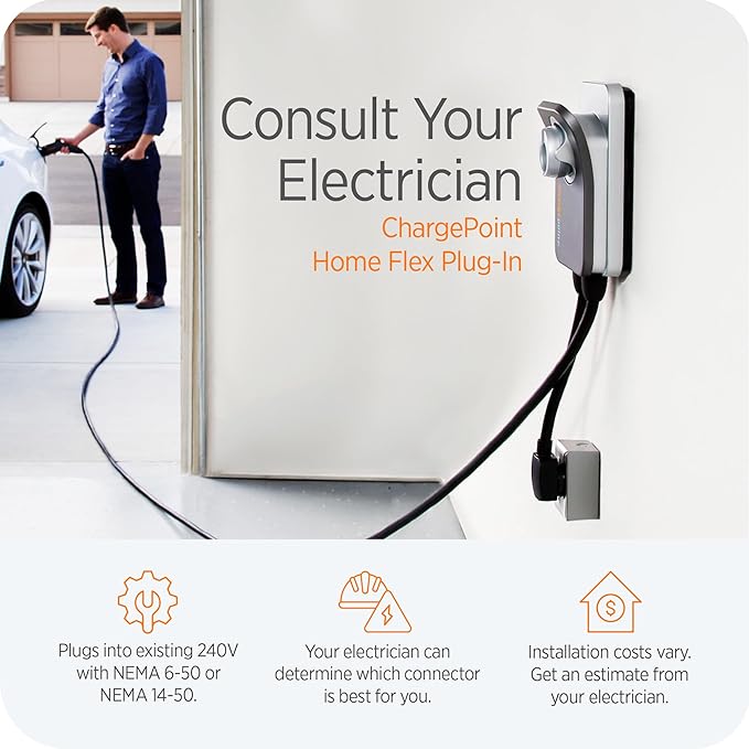 ChargePoint HomeFlex Level 2 EV Charger NACS, NEMA 6-50 Plug for Electric Car - Fast Smart Battery Power Charging at Home for Electric Automobile Vehicles
