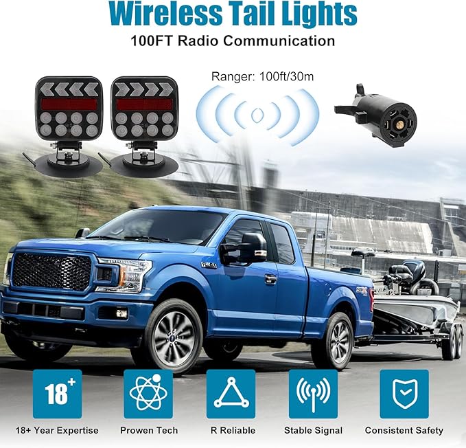 SUNPIE Trailer Lights Wireless LED Trailer Light Kit with Rechargeable Retrore Flectors Adjustable Magnetic Type C Towing Light Kit for Trucks, Boat, RV, Vehicle, Caravan