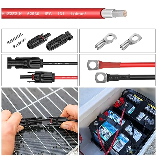 12AWG (4mm²) Tinned Copper PV Extension Cable - Solar Panel Connection Wire for Outdoor RV Marine Automotive Boat (50FT Black + Red Pair)