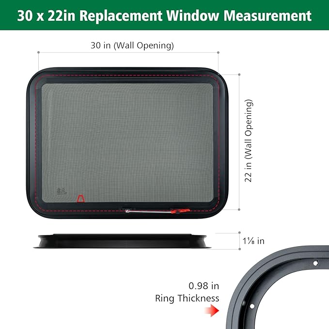 Dulepax RV Exit Window, 30'W x 22' H, Black Tinted Tempered Glass, RV Emergency Exit with Net Screen & Trim Ring