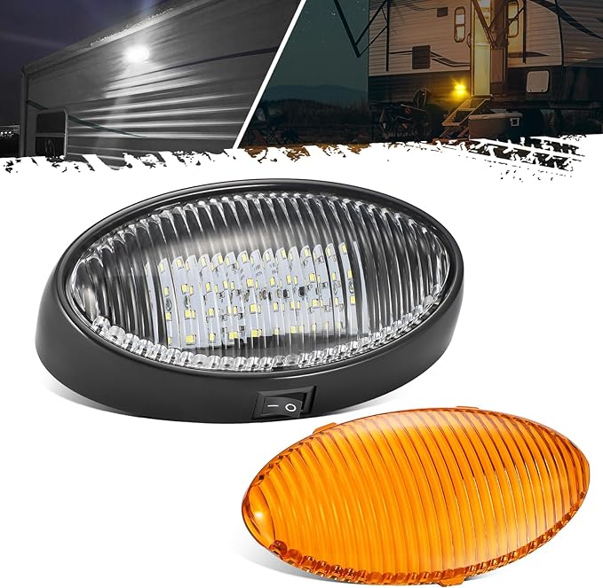 Partsam Oval LED RV Porch Light with Swith, Exterior Utility Light Replacement for Camper Motorhome Trailer, Black Base w/Snap-on, Clear and Amber Lenses Included
