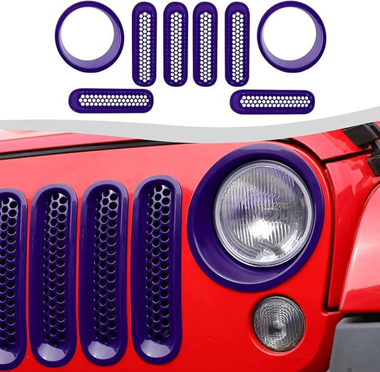 Mesh Grille Grill Insert+Headlight Turn Light Cover Trim Fit for 2007-2018 Jeep Wrangler JK JKU(Purple)