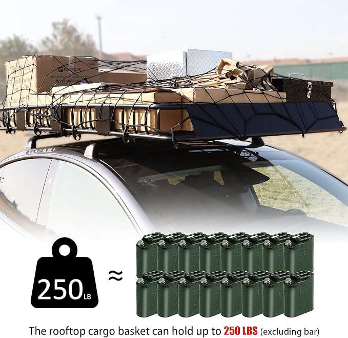 FORWODE 250LBS. 84" x 50" x 6" Roof Rack Carrier Basket with Cargo Net, Waterproof Bag, Strap, Universal Rooftop Cargo Luggage Rack Basket for Car, SUV, Truck