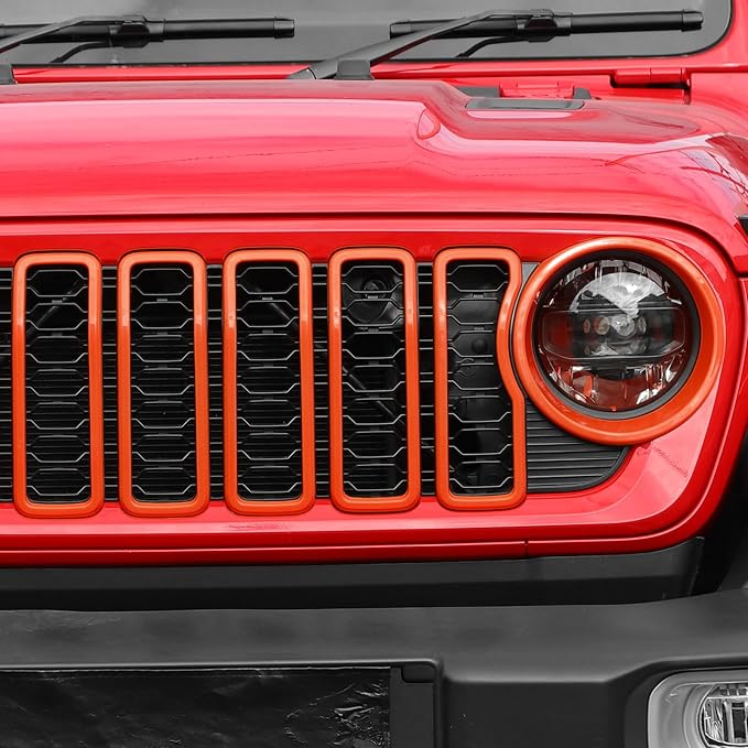 Jimen for 2024 Jeep Wrangler 4xe grill inserts, 9PCS Headlight Cover & Grille Insert Compatible with Jeep Wrangler JL JLU 2024+, NOT FIT JL Sport/Sport S (Orange)