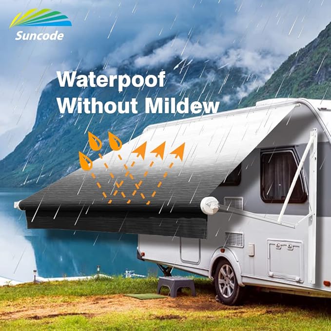 Suncode RV Awning Fabric Replacement Waterpoof Universal Outdoors Canopy for Camper,Trailer,and Motorhome Awning Replacement Premium Grade Vinyl RV Canopy Replacement 20'(Fabric 19'2") Black Fade