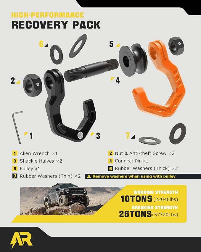 Snatch Block Separate Shackle, 3/4" D Ring Shackle with Pulley, 57320lbs Break Strength, Towing Winch Snatch Block for Off Road Vehicle Recovery, Black Orange 1-Pack