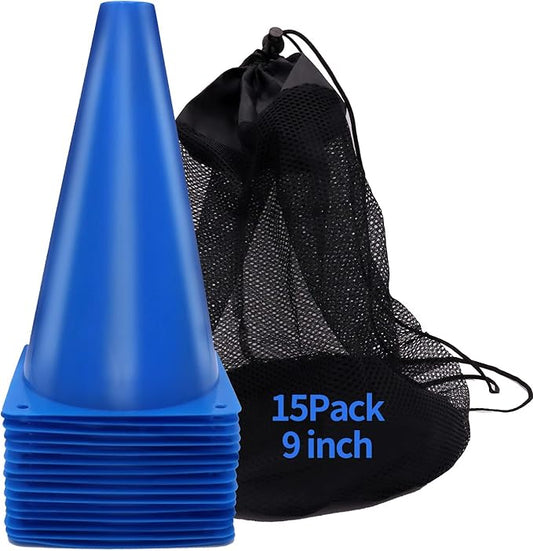 Cones Sports 9 Inch, 15 Pack Training Cones for Soccer Practice, Agility Field Cone Set for Drills Football Basketball, Plastic Cones for Outdoor Indoor Games