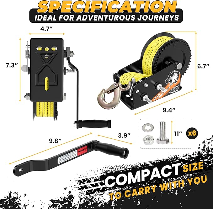 2500LB Boat Trailer Winch, Heavy-Duty Trailer Winch with 23-ft Orange Strap. Features 2-Speed Ratchet 4:1/8:1, Ideal for Loading Boats, Trucks, Jet Skis, RVs & ATVs