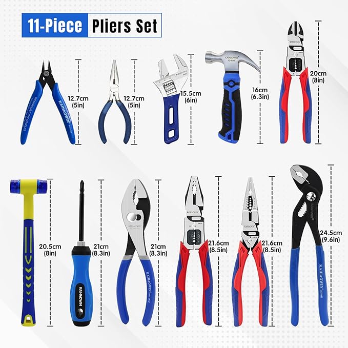 KAIHAOWIN 11-Piece Home Tool Kit with Carry Case - CR-V Steel Pliers Set, Wrench, Hammer, Screwdriver & Wire Cutter for DIY Repair, Automotive, Plumbing & Household Maintenance