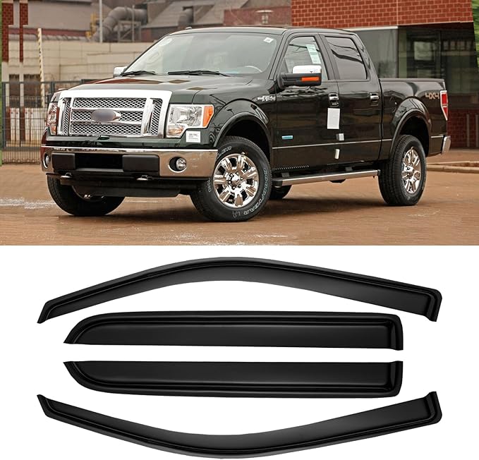 Window Rain Guards for 2009-2014 Ford F150 Crew Cab, Window Visor Guard Vent Wind Shade Deflector Shield Protector Sun for 2010-2014 Ford F-150 SVT Raptor SuperCrew Cab, Outside-Mount, 4pcs
