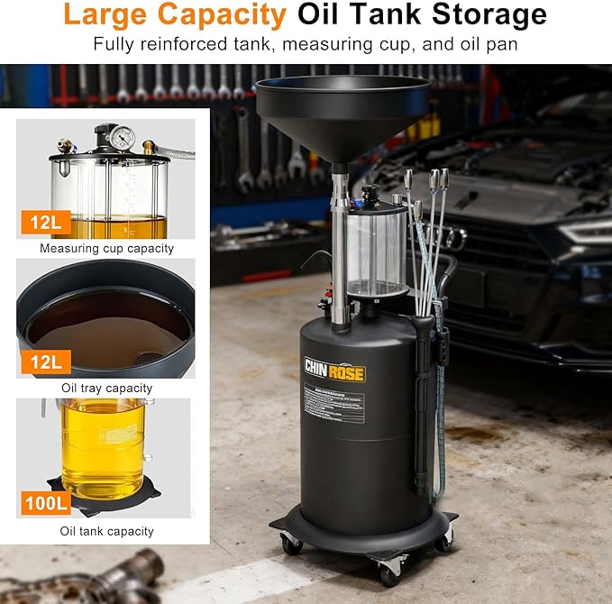 Waste Oil Drain Tank, 26.4 Gallon Capacity, Pneumatic Oil Extractor, 61 in. Suction/Drain Pipes, 3.17 Gallon Measuring Cup, <0.09MPa Vacuum