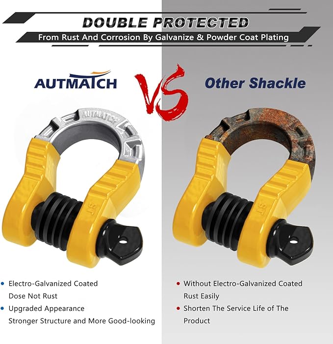 AUTMATCH D Ring Shackles 3/4" Mega Shackle (2 Pack) 68,000Ibs Break Strength - Heavy Duty Clevis Shackles with 7/8" Screw Pin and Isolator Washer for Tow Strap Winch Off Road Vehicle Recovery, Yellow