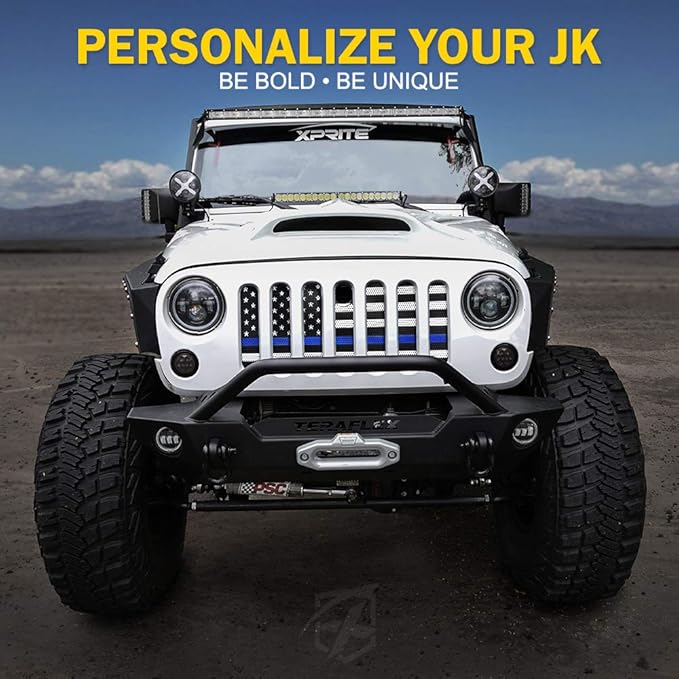 Xprite Aluminum Alloy Grill Mesh Insert Law Enforcement Blue Stripe with Hood Lock Hole Compatible with 2007-2018 Jeep Wrangler JK JKU Stock Grill