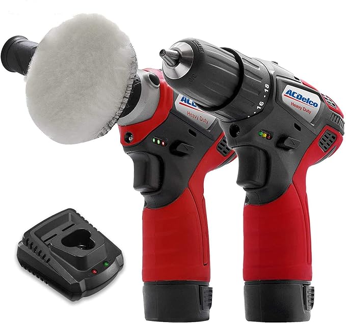 ACDelco Cordless Car Buffer Polisher kit, 2 x 12V Batteries, 2 Variable Speed & Accessory, Mini Polisher Tool Set, Drill Driver, Scratch Removing, Polisher+Drill Driver