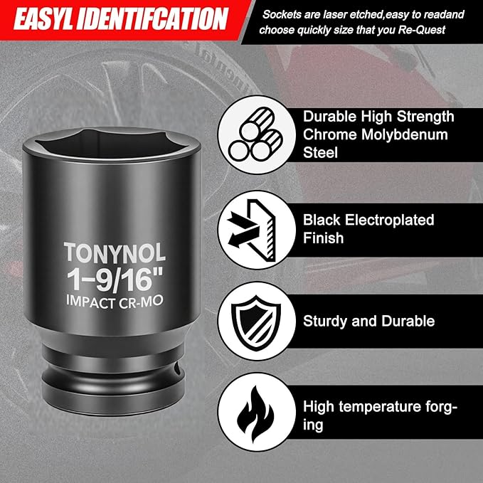 3/4" Inch Drive Deep Impact Socket,6-Point,SAE 1-9/16",80mmL,CR-MO,Heavy-Duty Automotive & Industrial Repair