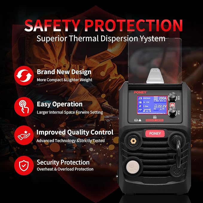 PONEY 200Amp Double Pulse MIG Aluminum Welder 9 in 1 MIG/MAG/FLUX/MIG Synergy/Single Pulse MIG/Double Pulse MIG/TIG LIFT/Spot Welding/MMA 220V Multi Process Welding Machine with LCD Digital Display