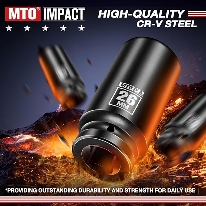 MTO 1/2" Drive 26mm Deep Impact Socket, 6-Point Metric Socket for Automotive Maintaince, CR-V Steel Meets ANSI Standards