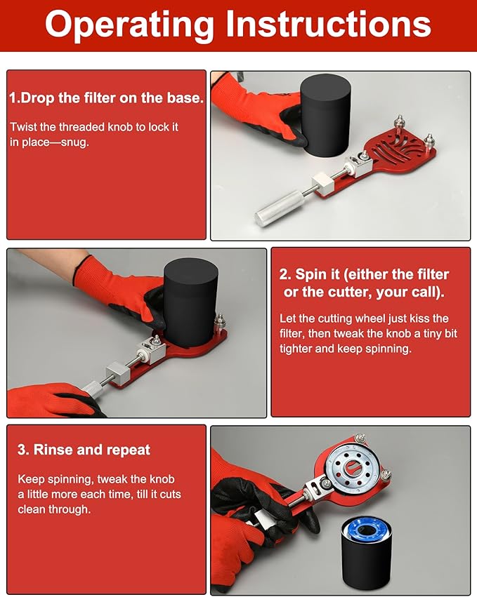 77750 Oil Filter Cutter, Oil Filter cutting tool for Adjustable cut range 2-3/8"-5", with a spare cutting blade for car, truck, motorcycle, lawn mower, airplane, Universal fit, Aluminum, red