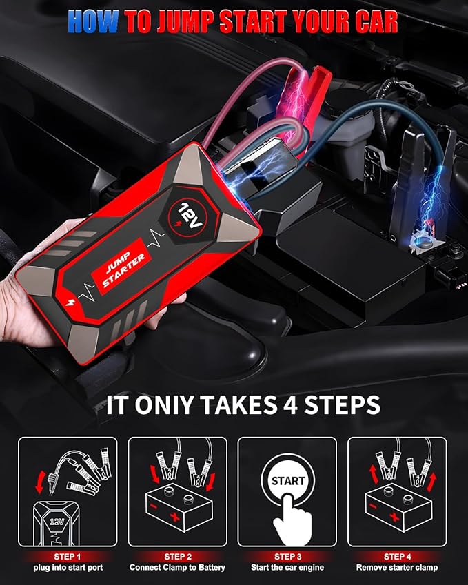 Jump Starter 3000A Peak Car Battery Jumper Starter Portable 12V Jump Box Battery Booster Charger Pack Up to 10L Gas or 8L Diesel Engine with Power Bank Jumper Cable Type C Port USB LED Light