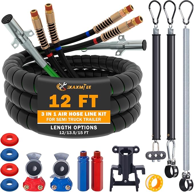 12 FT Semi Truck Air Lines Kit with 3 Pcs Tender Spring Kit and Glad Hands with Gladhand Holder & Handles 3IN1 Trailer Cord and Air Hoses Assembly for Truck Trailer Tractor