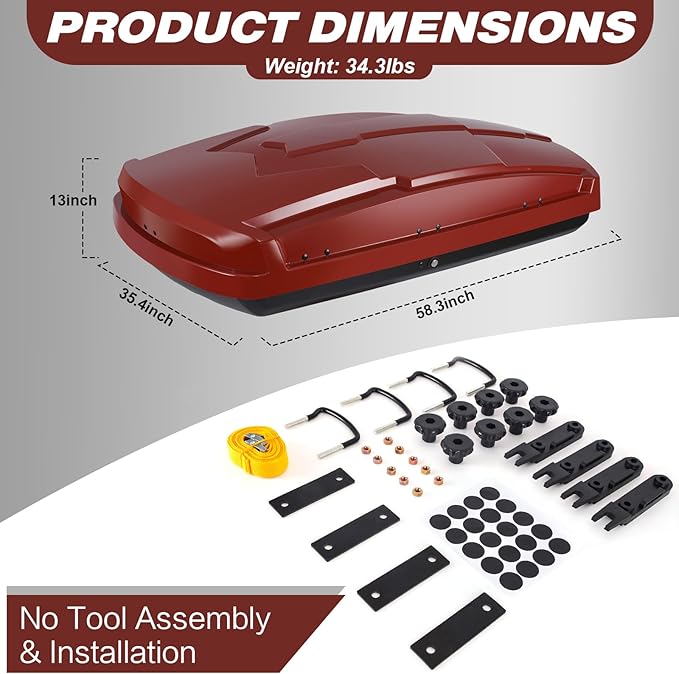 Hard Shell Roof Cargo Box Carrier with Security Keys,Heavy Duty Waterproof Rooftop Storage Box,58.3 L x 35.4 W x 13 H Inches,15.5 Cubic Feet Tool-Free Install,Dual Side Opening,Red