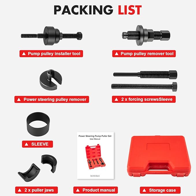 Pulley Puller Installer Kit, Power Steering Pump Pulley Removal Tool for Multi-Vehicle, Fits F/or/d, G/M, V/W and Ch/RYS/ler, Works with Steering Wheel Puller Kit for Power Steering Tasks