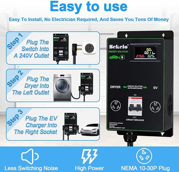 Smart EV Charging Integration: Sekelo Automatic Power Switch for Dryer & EV, NEMA 10-30, Fast Charging, Real-time Display