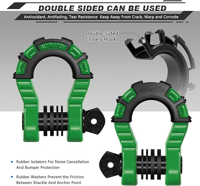 AUTMATCH D Ring Shackle 3/4" Mega Shackle (2 Pack) 68,000Ibs Break Strength - Heavy Duty Clevis Shackle with 7/8" Screw Pin & Isolator Washer for Tow Strap Winch Off Road Vehicle Recovery, Dark Green