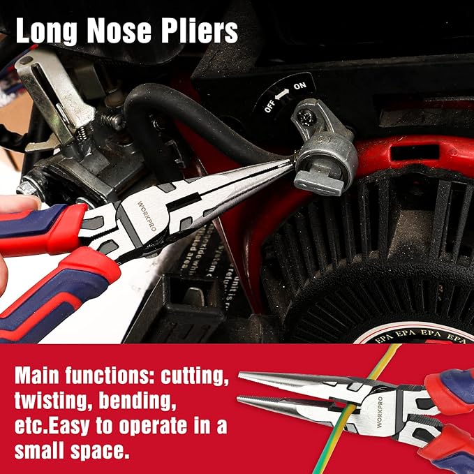 WORKPRO 4-Piece Pliers Set - Premium CR-V Construction Tool Set Including Long Nose, Diagonal Cutting, Groove Joint and Slip Joint Pliers - Red
