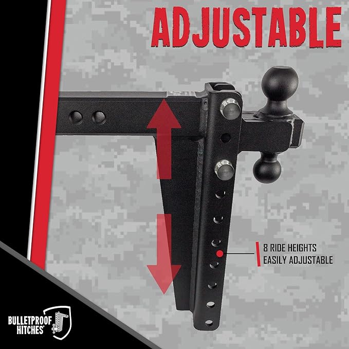BulletProof Hitches - 2.5" Adjustable Heavy Duty Trailer Hitch (22,000 lb. Rating) - 14" Drop/Rise Trailer Hitch with 2" & 2-5/16" Dual Ball - Powder Coat, Solid Steel, Corrosion-Resistant