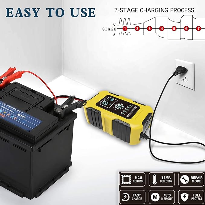 10-Amp Motorcycle & Car Battery Charger,12V and 24V Pulse Repair Charger,Trickle Battery Quick Charger & Maintainer for Truck ATV Lawn Mower Tractor SLA AGM Gel Wet Lead-Acid LiFePO4 Battery