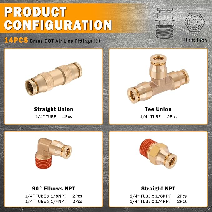 14 Pcs 1/4" Brass DOT Air Line Fittings Kit 1/8" 1/4" DOT Push Lock Air Fittings NPT Thread & Quick Connect Air Hose Fittings Kit