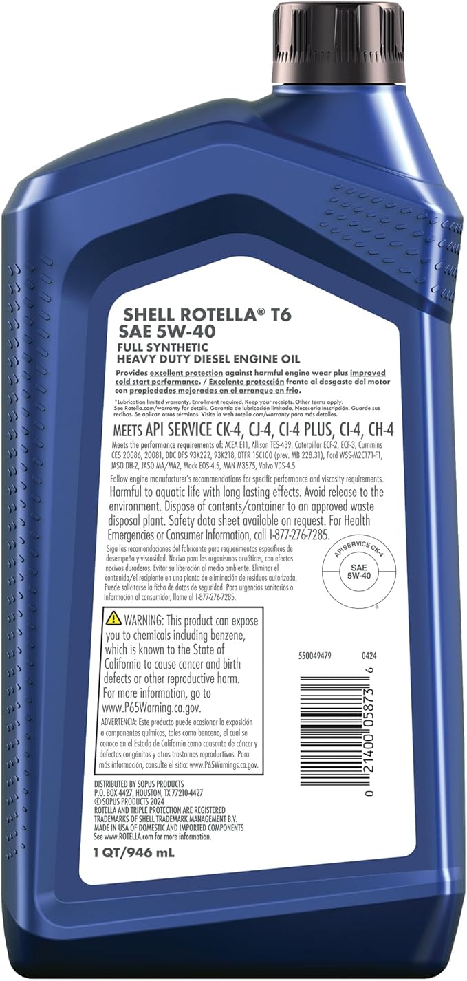 Shell Rotella T6 Full Synthetic 5W-40 Motor Oil, 1 Quart (6 Pack)
