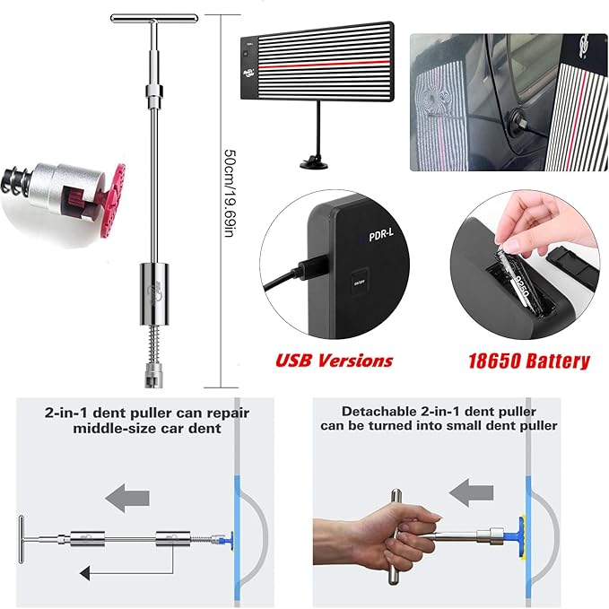 Super PDR Paintless Dent Repair Kit 148PCS Dent Puller Kit with LED Light Board Can Removal 99% of Car Dents in 30 Minutes for Repair Work of Big Dents, Small Dents, Door Ding, Creases and Hail Damage