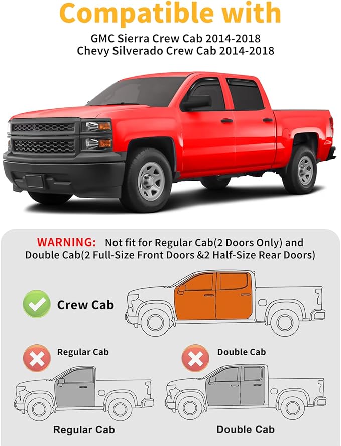 in-Channel Window Rain Guards Fit for 2014-2018 Chevy Chevrolet Silverado/GMC Sierra Crew Cab Truck Extra Durable Window Visors Window Deflectors Vent Visors Vent Shades Car Accessories-4 pcs