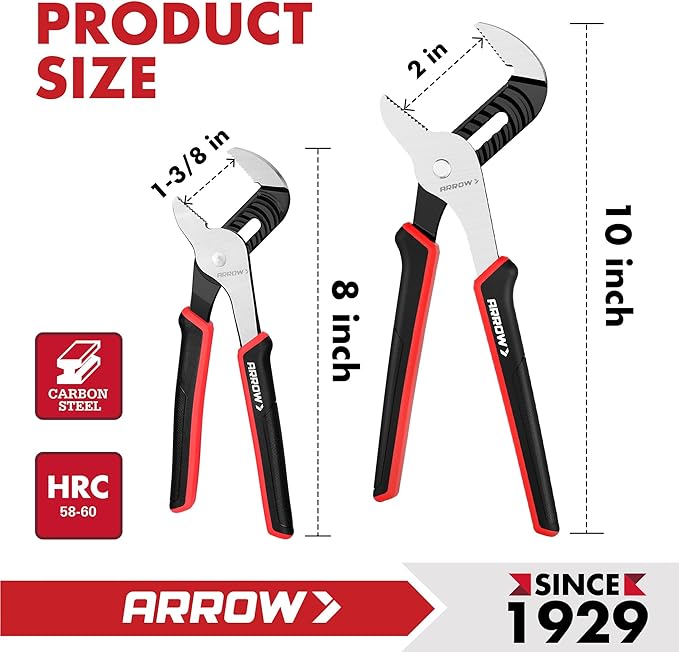 ARROW 2-Piece Groove Joint Pliers, 8" & 10" Adjustable Water Pump Pliers with TPR Handle, High Carbon Steel Tongue and Groove Plier for Plumbing, Automotive and Household Repairs