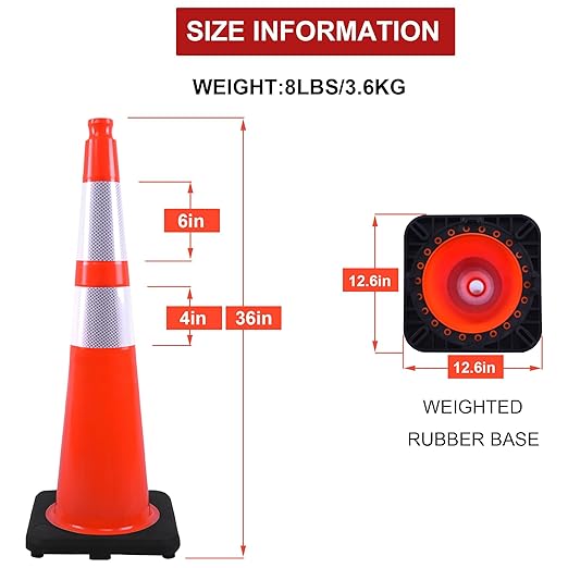 OrangeStar 36" Traffic Cones 4-Pack, Orange Safety Cones with 2 Reflective Collars, Weighted Base for Highway, Roadwork, Construction, Warehouse Safety, Parking Lots | Indoor & Outdoor Use