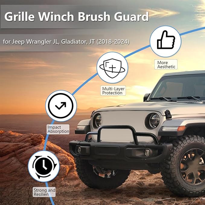 Grille Winch Brush Guard for Jeep Wrangler JL, Gladiator, JT (2018-2024) - Triple Hoop Bumper Bar Winch/Front Bumper Brush Guard Bull Bar, Replaces Part #82216474AA