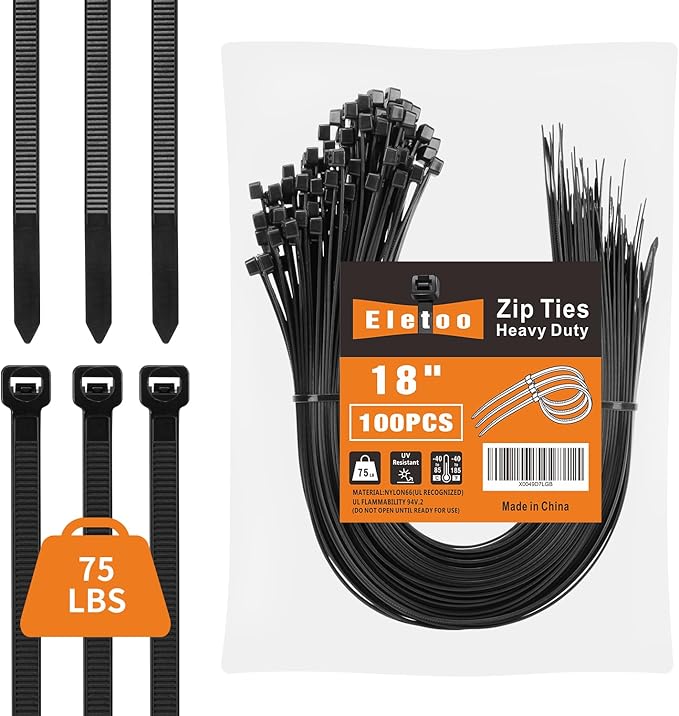 100PCS 18 inch Black Zip Ties Heavy Duty, 75LBS Tensile Strength, Self-Locking Heavy Duty UV Resistant Cable Ties for Indoor and Outdoor Use