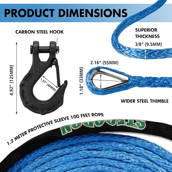 Synthetic Winch Rope, 3/8" x100ft 23809LBS Dyneema Winch Rope 3/8 Heavy Duty Winch Cable with Protective Sleeve Forged Winch Hook for 4WD Off Road Vehicle Truck SUV (Blue)